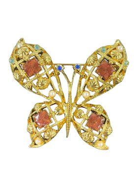 Vintage Gold-Tone Butterfly Brooch 2.25" Avon Filigree Faux Pearls Rhinestones